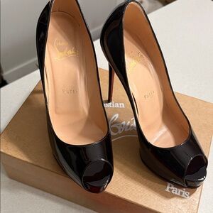 Authentic Christian Louboutin Black Patent Peep-Toe Platform Pumps